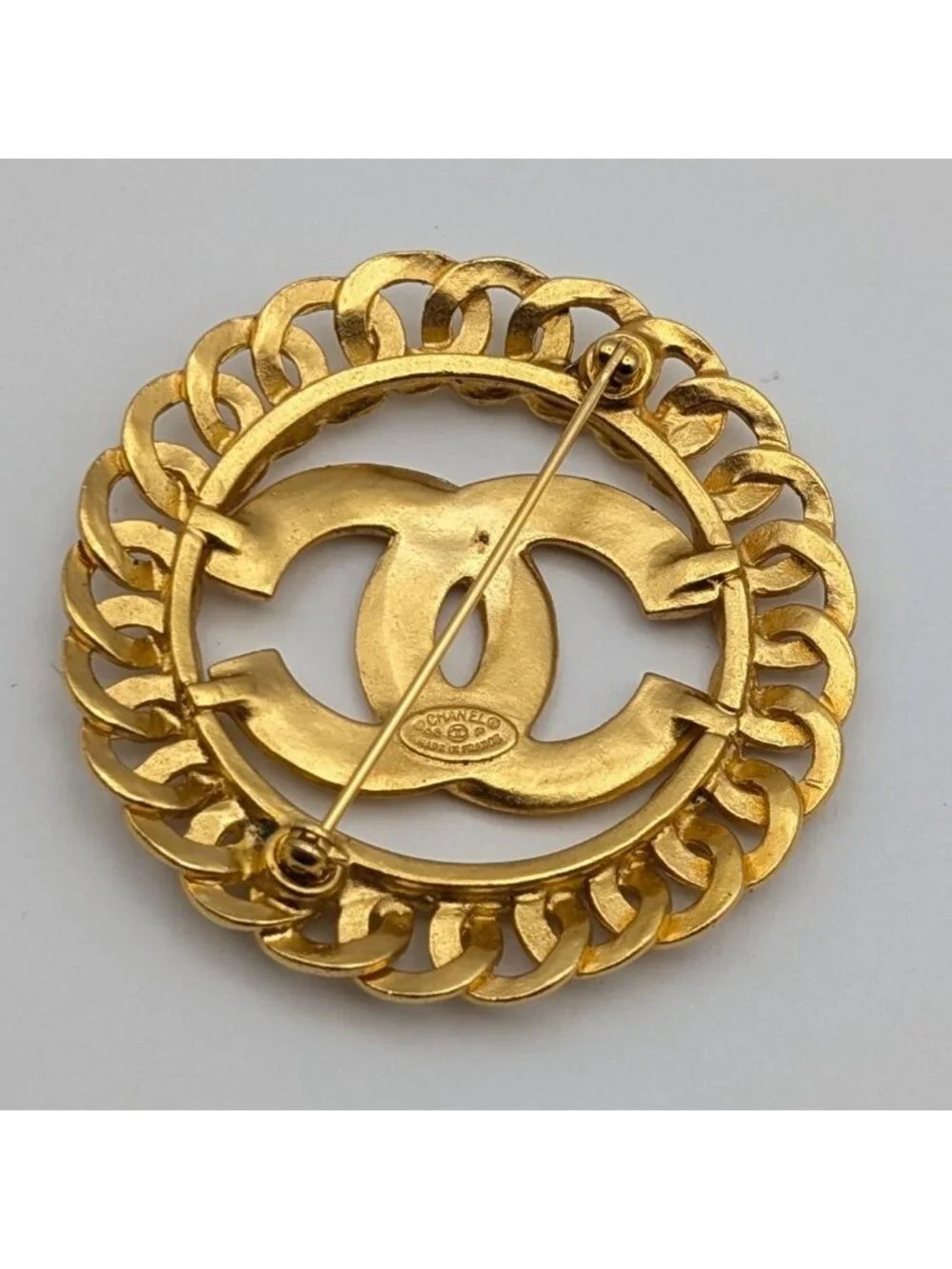 Chanel Brooch CC Logo See Through Chain Motif Gold Vintage